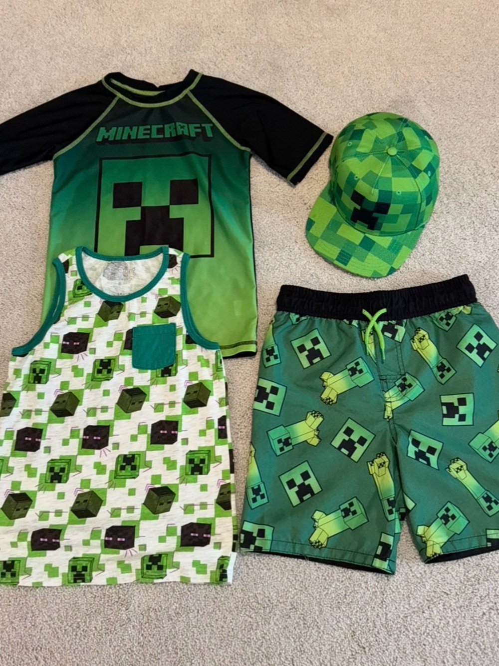 Minecraft Green Kids Matching Set with Creeper Tank, Top, Swim Trunks & Cap